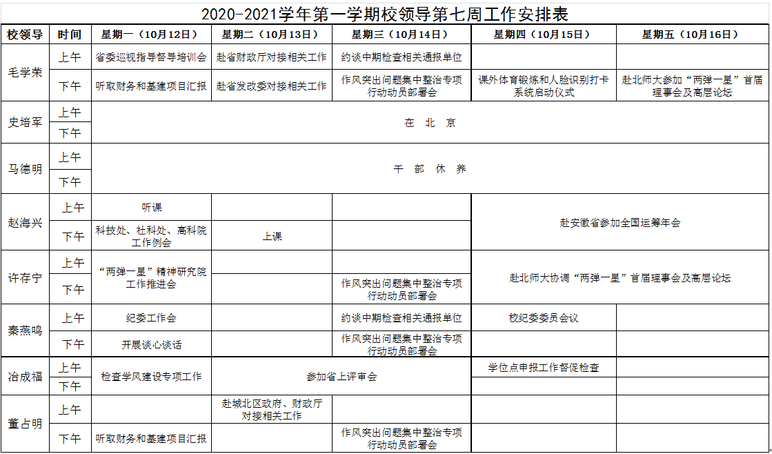 21学年第一学期校领导第7周工作安排表 青海师范大学学校办公室