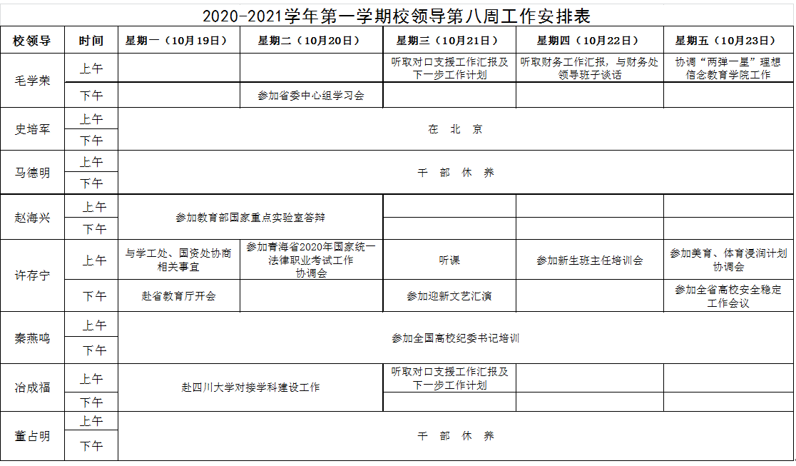 21学年第一学期校领导第8周工作安排表 青海师范大学学校办公室